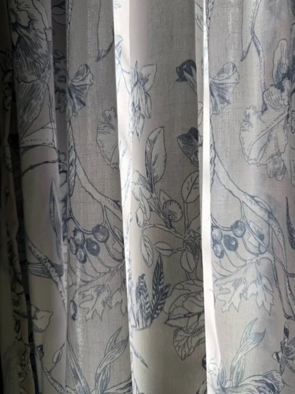 Grey Background with Blue/White Floral 50W x 95L UNLINED Linen Blend Drapes